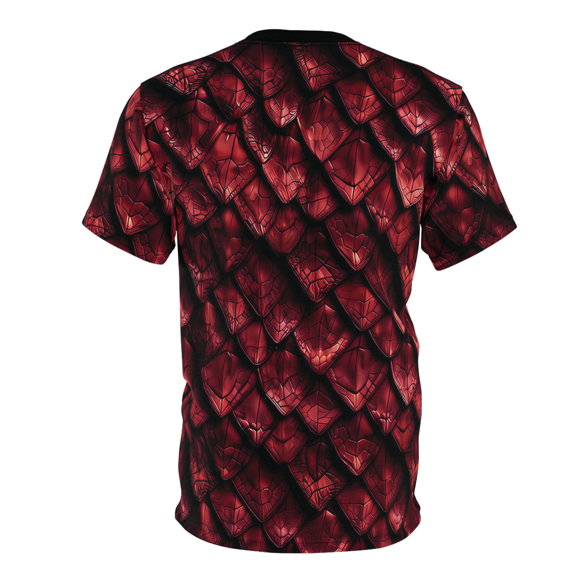 Deep red, metallic dragon scales cover this 3D graphic t-shirt with a fierce, armored look.