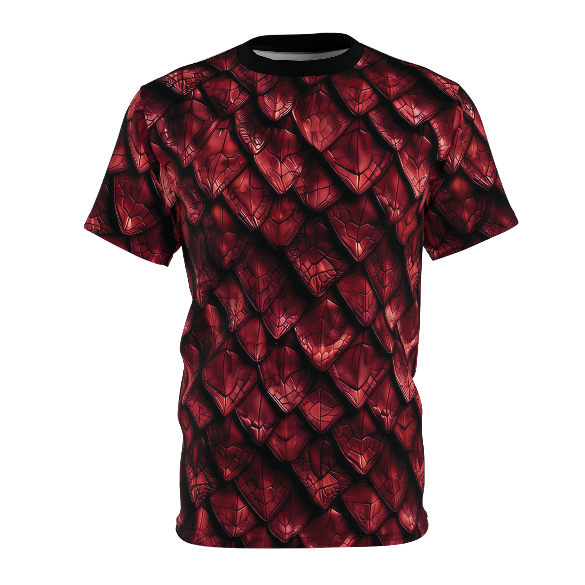 Deep crimson and obsidian scales cover this sublimation graphic tee with a fierce, armored look.