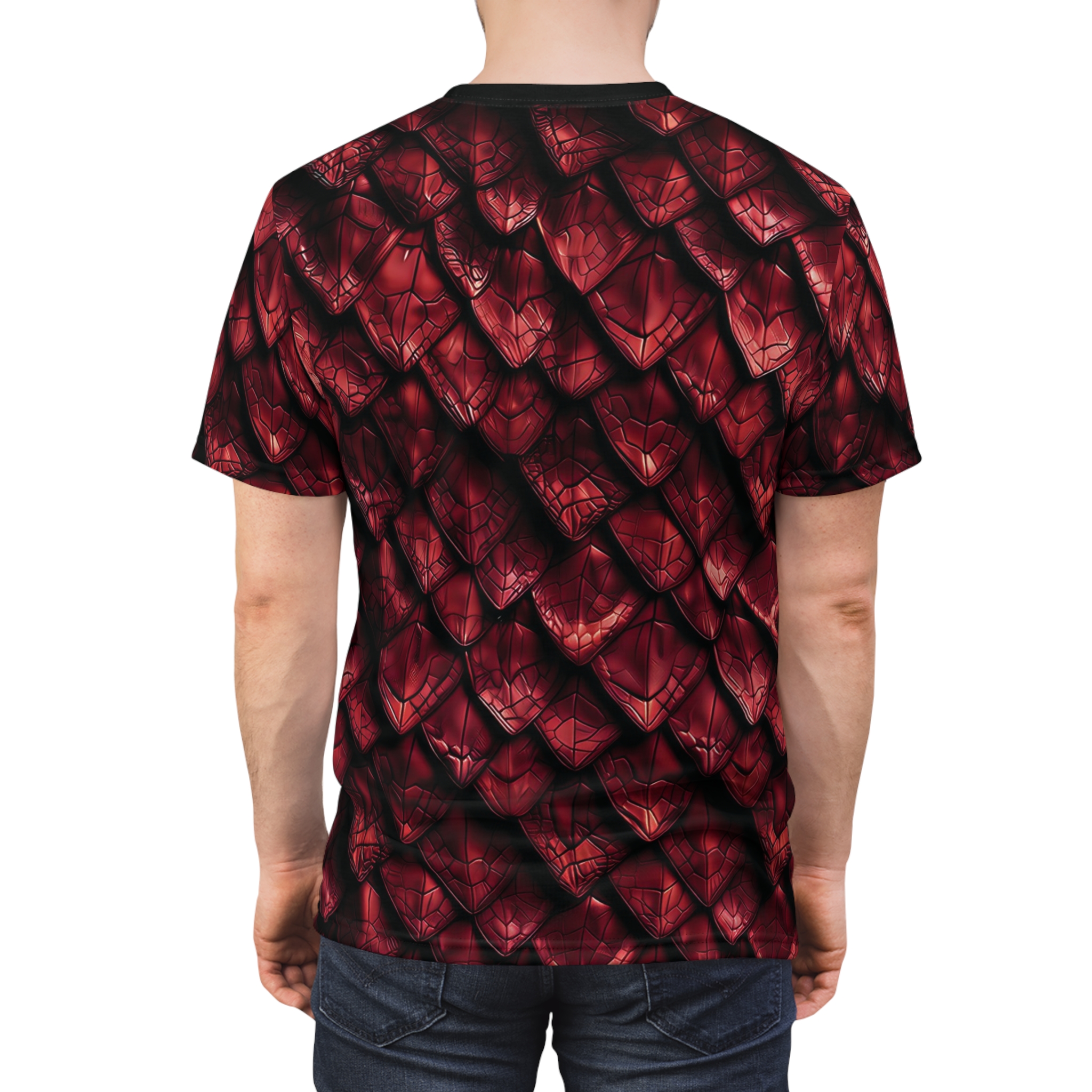 Deep crimson and black scales cover this oversized full print tee with a fantasy vibe.