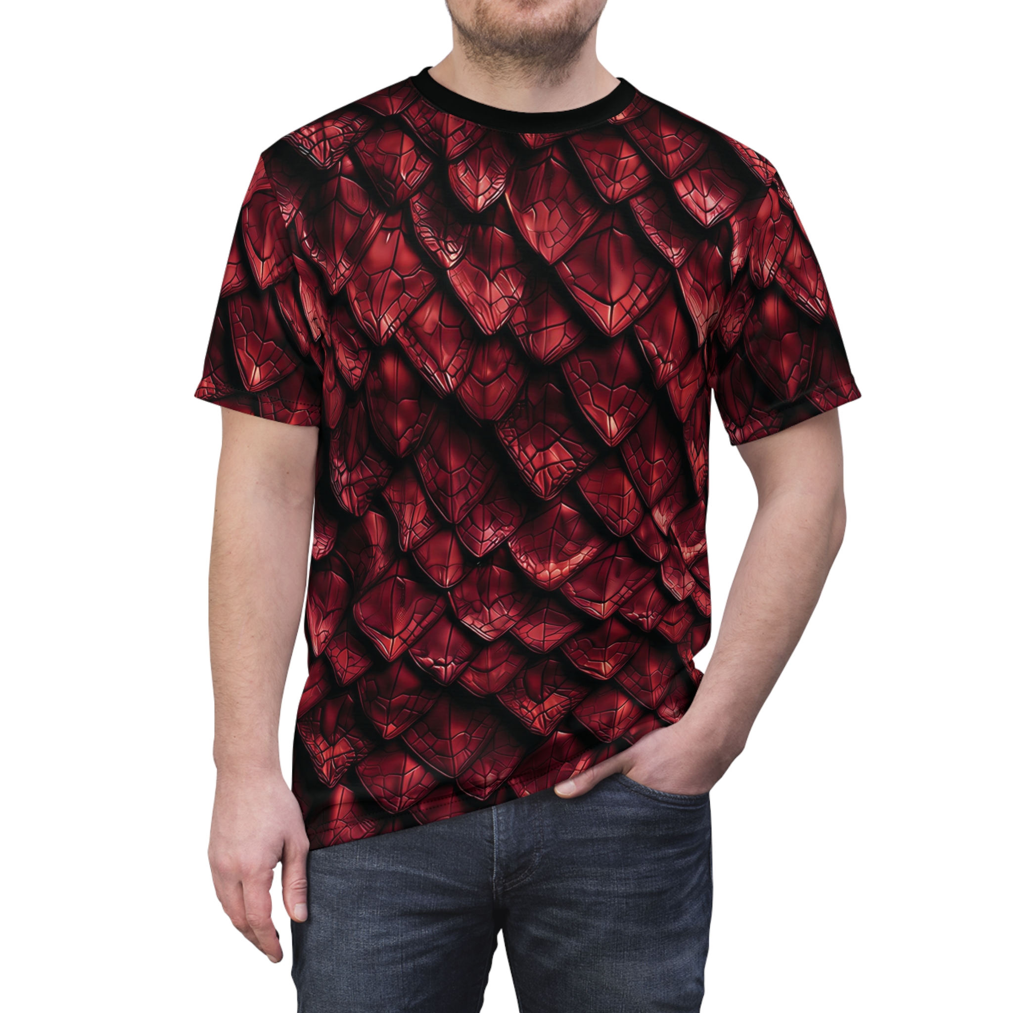 Deep crimson and black dragon scales cover this graphic streetwear tee with a fantasy vibe.