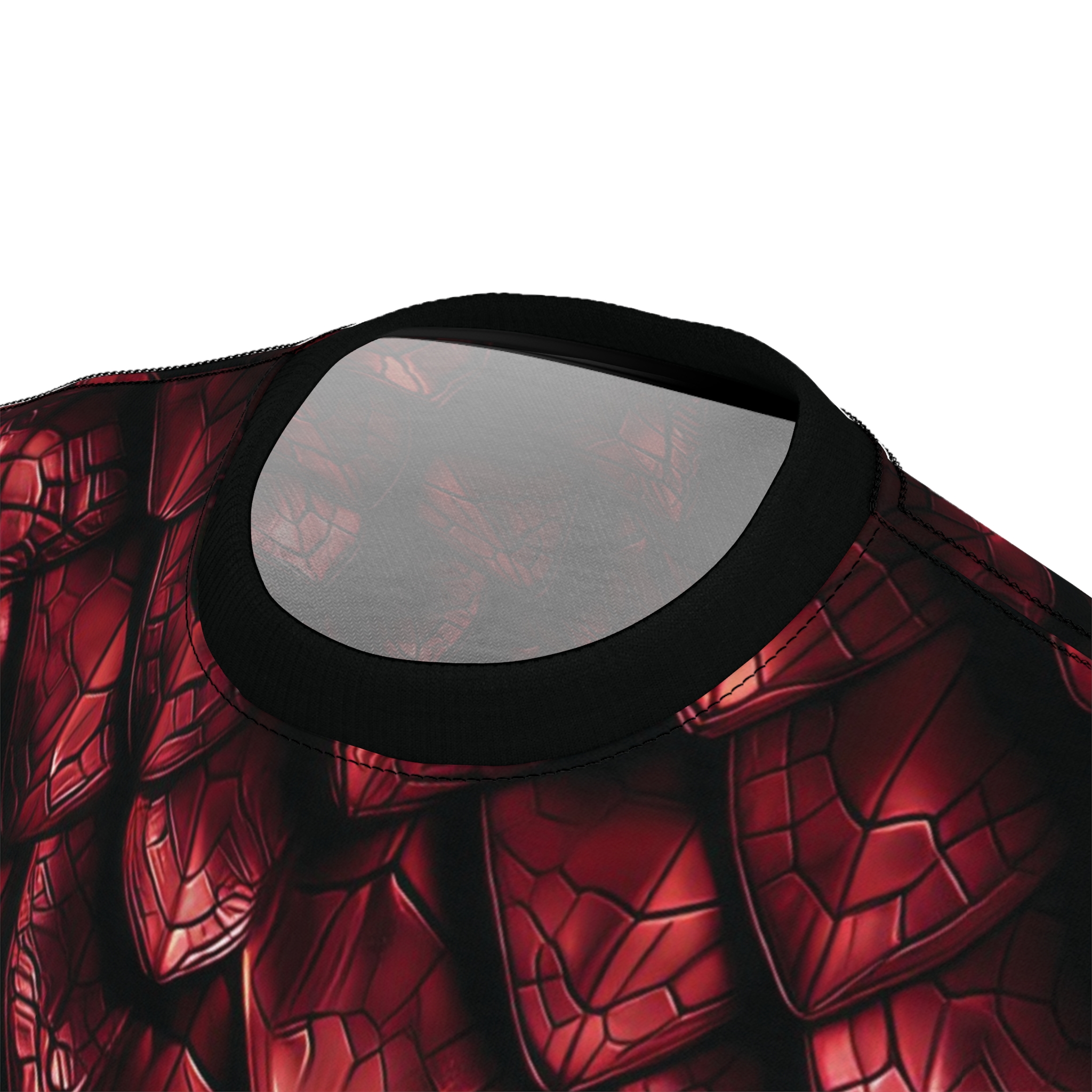 Deep crimson and black scales with a metallic sheen cover this graphic streetwear tee with a fantasy vibe.