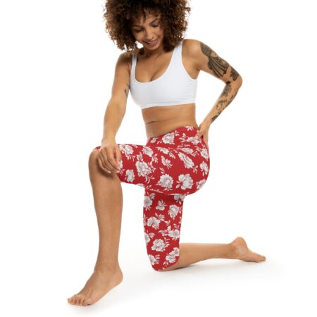 Vibrant Red Floral Capri Leggings - White Rose All Over Print – high-waisted all-over design leggings - Detail View 2
