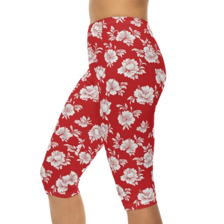 Stretchy Red Floral Capri Leggings - White Rose All Over Print – eye-catching printed capri pants - Main View