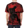 Back view of a red t-shirt featuring a black grunge silhouette of a cowboy playing a guitar.