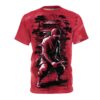 Vibrant red all over print sublimation tee featuring a dynamic ninja illustration with a traditional Japanese temple and pine trees.
