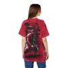 Red t-shirt featuring a dynamic ninja graphic in black, set against a backdrop of traditional Japanese architecture and trees.