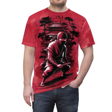 Bold red and black ink strokes cover this graphic streetwear tee, depicting a ninja in a temple garden with Japanese script.