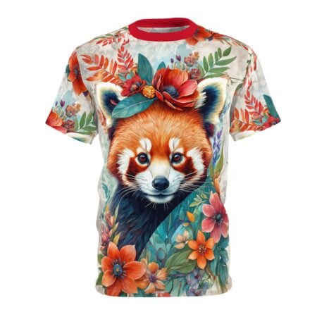 Red, orange, and teal floral patterns cover this oversized full print tee, depicting a red panda with a floral crown.