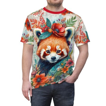 Vibrant red, orange, and teal floral patterns cover this graphic t-shirt, featuring a detailed red panda portrait.