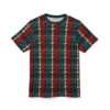 A t-shirt with a repeating pattern of thick, woven knit stripes in red, teal, and cream.