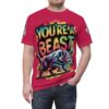 Bright red colorways cover this sublimation graphic tee, displaying graffiti text above aggressive purple wolf artwork.