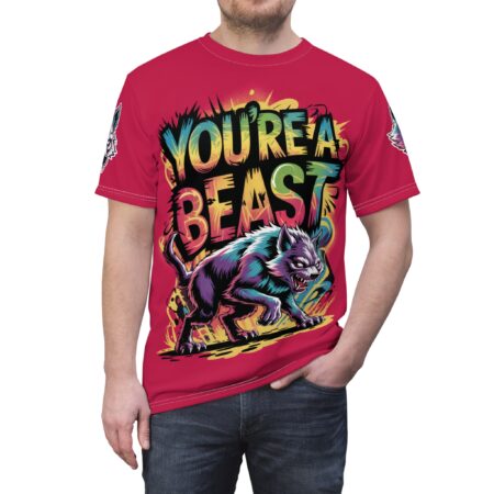Bright red colorways cover this sublimation graphic tee, displaying graffiti text above aggressive purple wolf artwork.