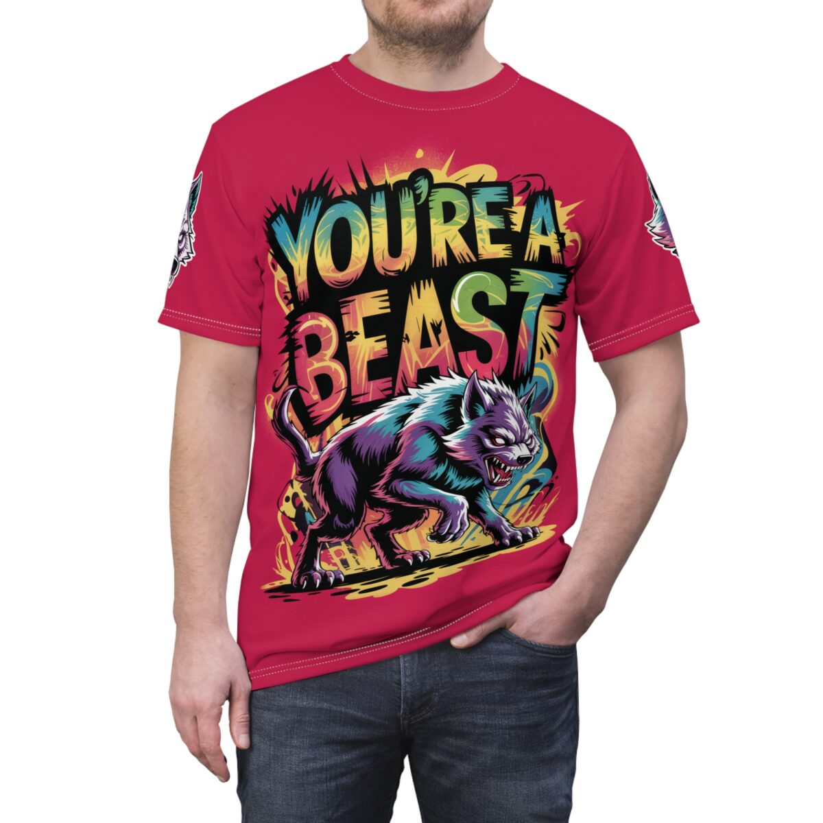 Bright red colorways cover this sublimation graphic tee, displaying graffiti text above aggressive purple wolf artwork.