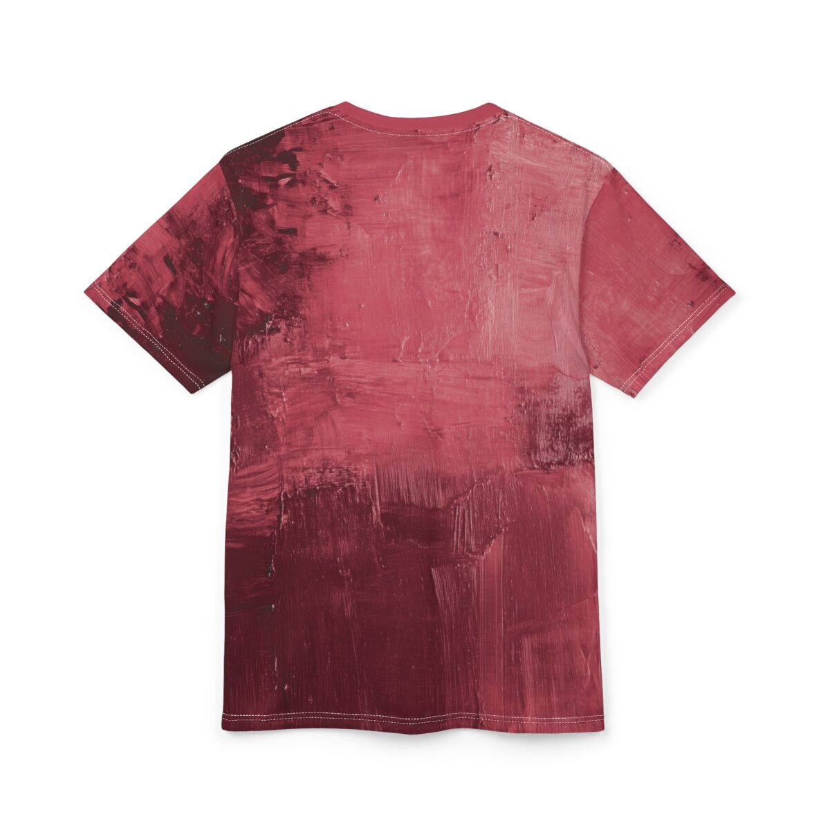 The all over print t-shirt features a rich red abstract brushstroke pattern. This seamless print tee uses bold strokes and varying textures.