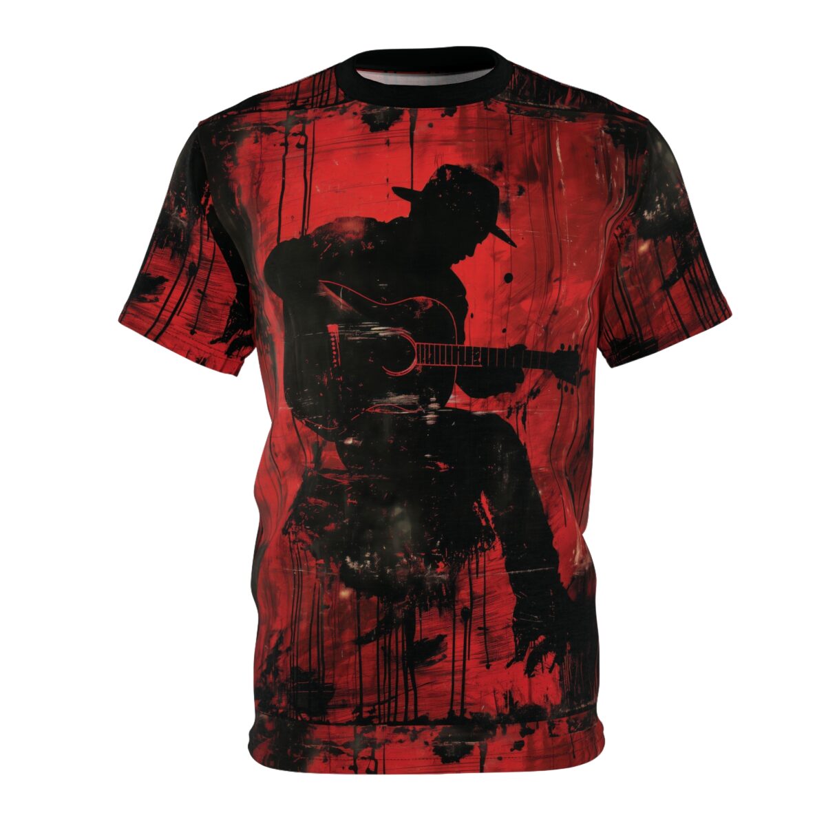 Red background with black paint splatters and drips, and a silhouette of a musician playing guitar.