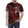 Deep red and metallic scales cover this sublimation graphic tee, depicting a fierce dragon armor design.