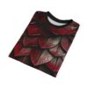 Deep red and metallic grey scales cover this all over print apparel, mimicking dragon hide with a textured, layered appearance.