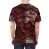 Deep red and metallic grey dragon scales cover this all over print apparel, creating a formidable, fantasy armor look.
