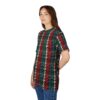 Red, cream, and teal knit textures form vertical stripes across this all over print t-shirt, depicting a cozy holiday pattern.