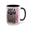 Rescue dog mom coffee mug with black text, paw print, and red hearts, set against a pink watercolor and floral background.