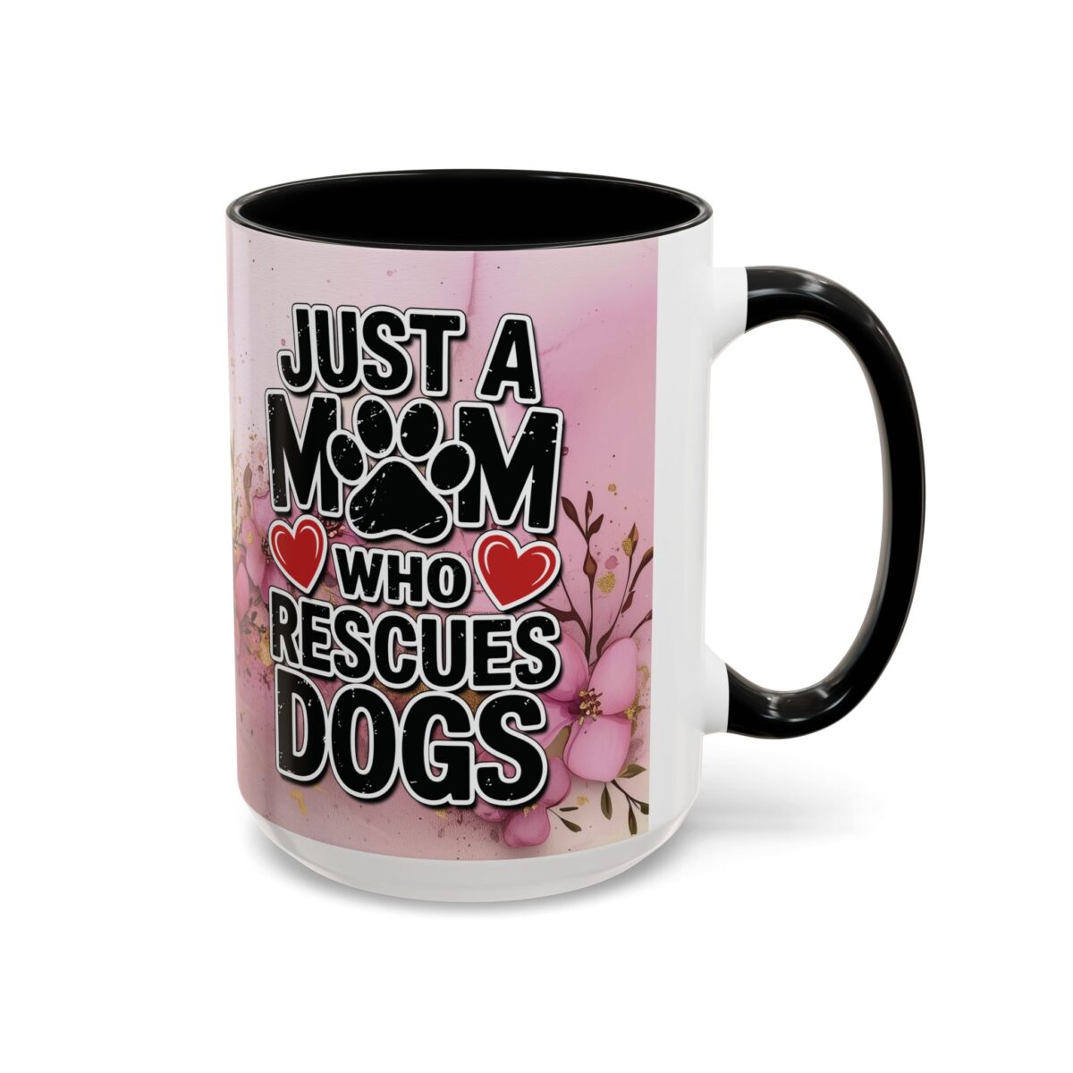 Rescue dog mom coffee mug with black text, paw print, and red hearts, set against a pink watercolor and floral background.