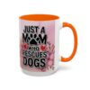 Rescue Dog Mom ceramic mug with pink floral accents and bold text.