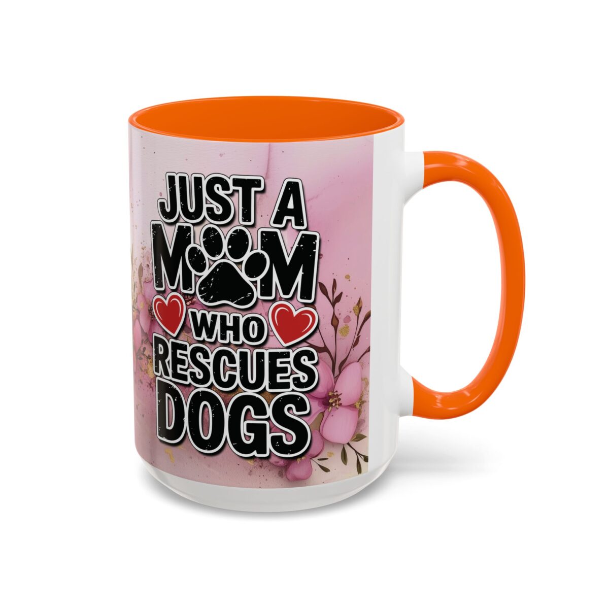 Rescue Dog Mom ceramic mug with pink floral accents and bold text.
