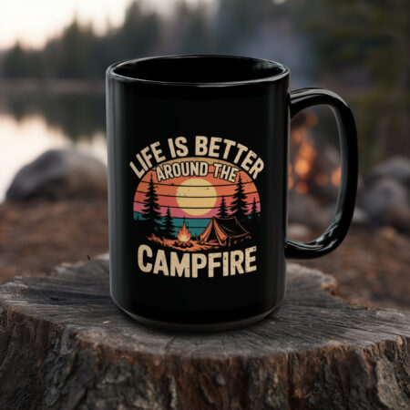 Black ceramic mug featuring a retro sunset camping graphic with the text 'Life is Better Around The Campfire'.