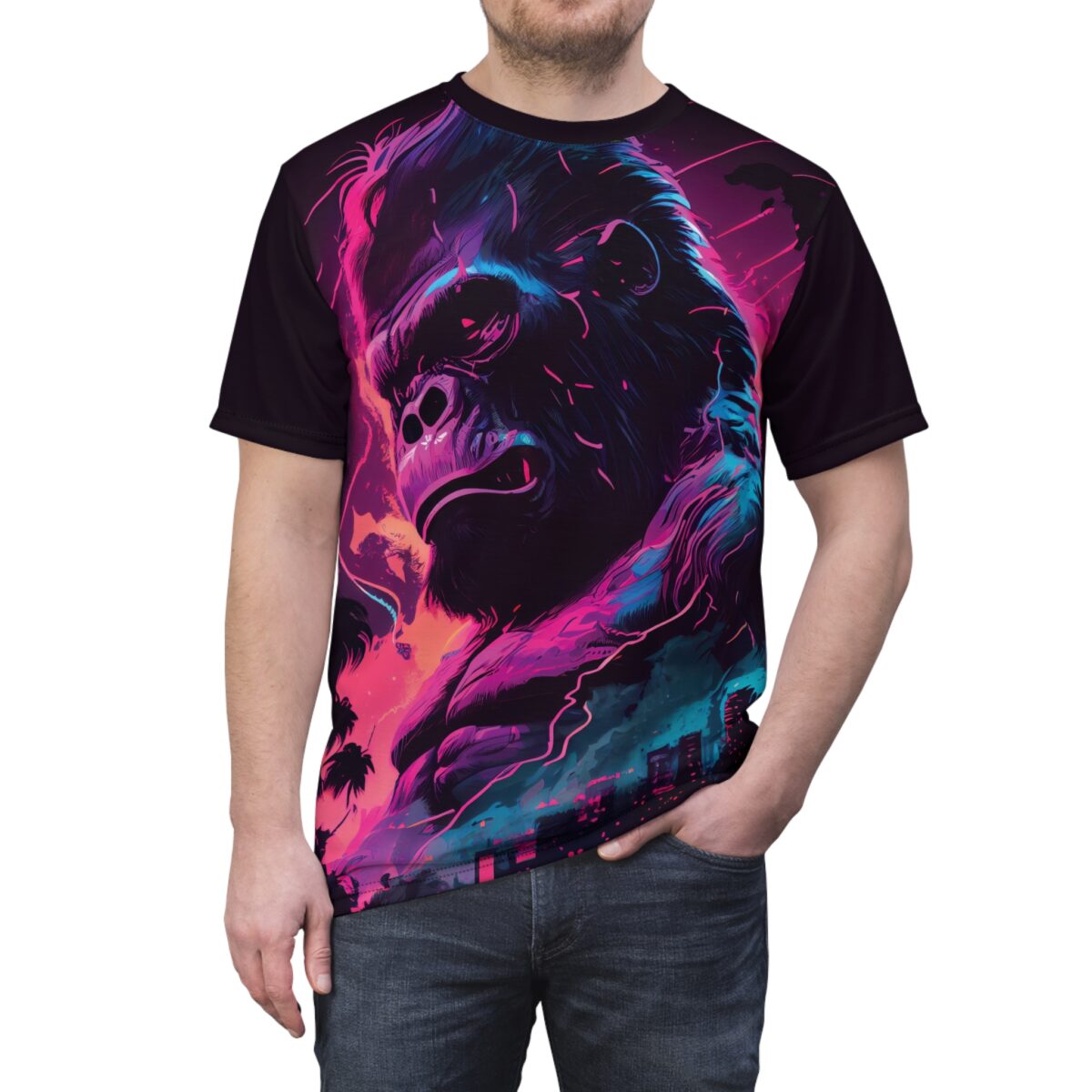 A man wearing a black t-shirt featuring a vibrant, neon-colored graphic of a gorilla's face with a city skyline and palm trees in the background, rendered in a cyberpunk art style.