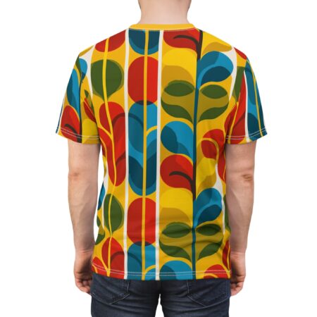 Vibrant yellow, red, blue, and green abstract shapes and vertical stripes cover this 3D graphic t-shirt, with rounded leaf-like forms and circular elements.