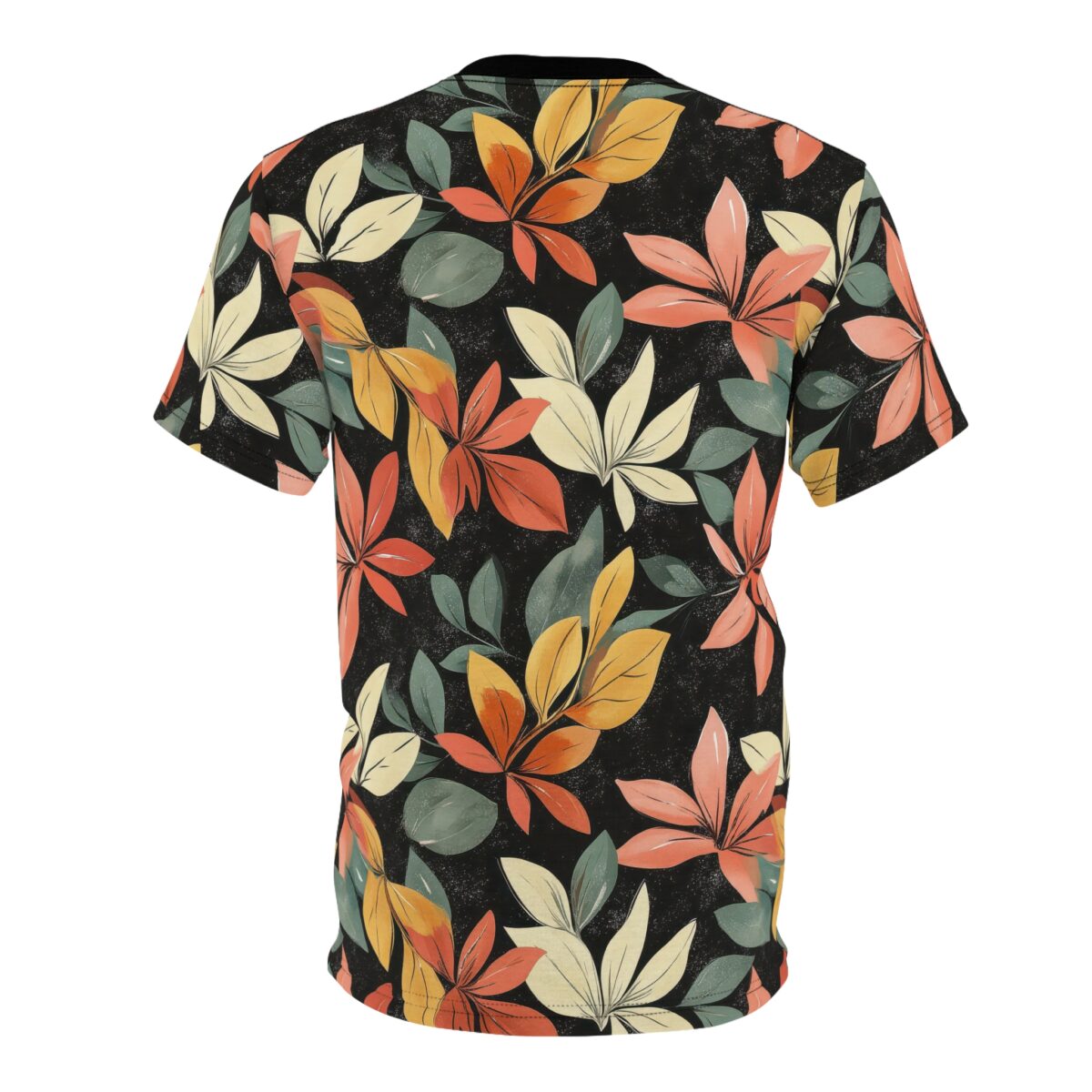 Black sublimation graphic tee, with a vibrant all-over print of stylized fall leaves in coral, cream, ochre, and teal.