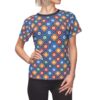 Retro pattern all over print sublimation tee with colorful geometric mosaic floral repeat print and dark blue neckline collar.