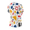 Retro repeat all over print sublimation tee, white base, abstract red, blue, yellow, black geometric shapes, scattered dots, dynamic lines.