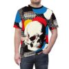 This all over print t-shirt features a vibrant retro pattern with a striking skull graphic and colorful circles.