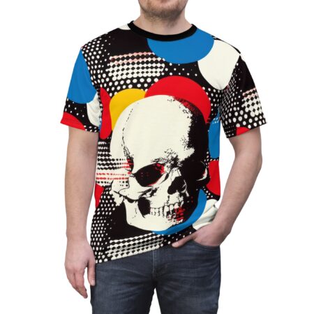 This all over print t-shirt features a vibrant retro pattern with a striking skull graphic and colorful circles.