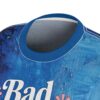 Distressed blue textured all over print sublimation tee, white text 'Bad', pink flowers.