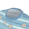 Blue and white stripes with white daisies with yellow centers cover this all over print t-shirt with a playful vibe.