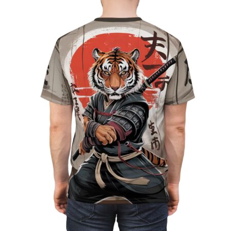 Tiger samurai with katana, all over print t-shirt featuring Japanese sun and script.