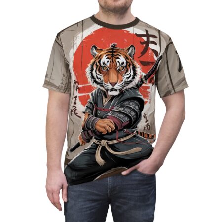 Tan, brown, and red patterns cover this graphic streetwear tee, depicting a fierce tiger in samurai armor against a rising sun and Japanese calligraphy.