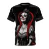 A black t-shirt featuring a graphic of a creepy clown queen with red hair, a crown, and elaborate makeup.