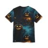 Glowing jack-o'-lanterns and gnarled trees in a spooky forest at night cover this all over print apparel.
