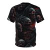 A black t-shirt with a detailed all-over print of dark, gnarled tree roots intertwined with multiple skulls. The skulls have glowing red eyes and red crack-like patterns on their surfaces, giving them a menacing appearance.