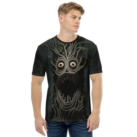 Scary tree face graphic sublimation tee, featuring wide eyes and sharp teeth in a dark forest pattern. All over print design.