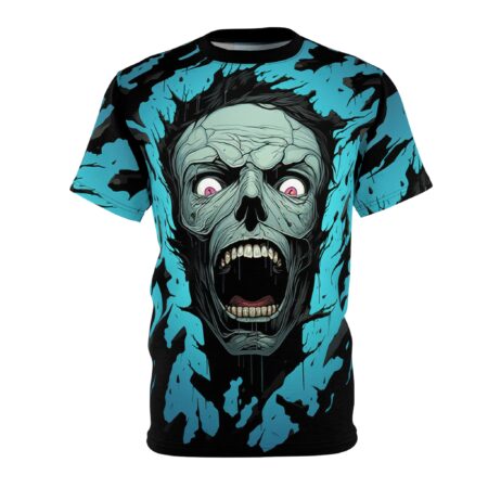 Vibrant blue and black abstract shapes surround a detailed zombie face with glowing pink eyes and an open mouth.