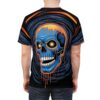 All over print sublimation tee featuring a vibrant blue skull with glowing eyes and dripping orange accents, set against a swirling dark background.