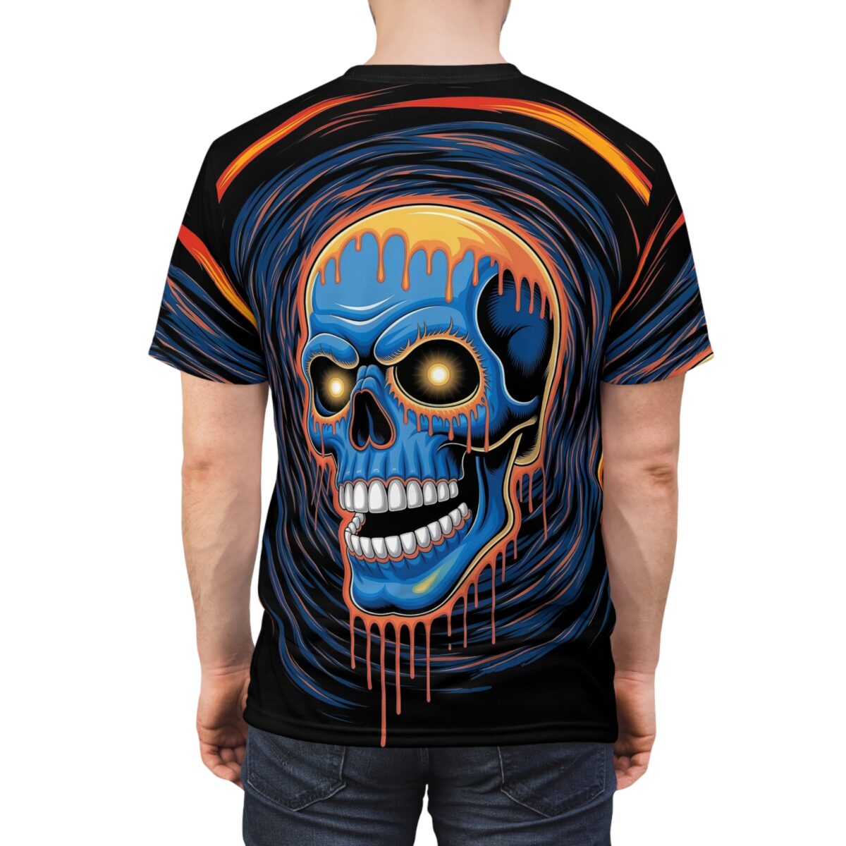 All over print sublimation tee featuring a vibrant blue skull with glowing eyes and dripping orange accents, set against a swirling dark background.