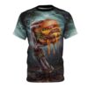 Dark blues and greens cover this full print shirt, depicting a skeleton hand holding a dripping burger amidst spooky trees and roots.