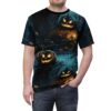 Spooky jack-o'-lanterns and eerie forest scenes in dark blues, oranges, and blacks cover this graphic streetwear tee.