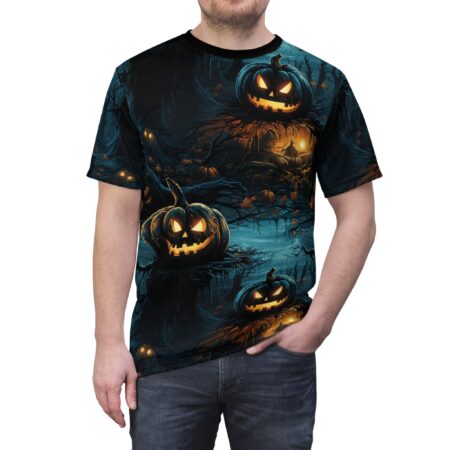 Spooky jack-o'-lanterns and eerie forest scenes in dark blues, oranges, and blacks cover this graphic streetwear tee.