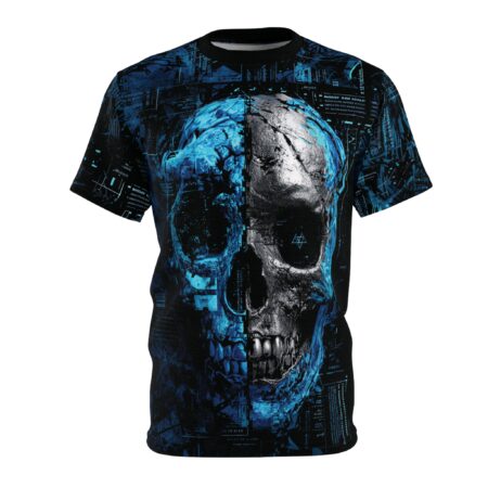 The t-shirt displays a striking graphic of a skull split down the middle, with one half rendered in vibrant electric blue and the other in a metallic dark gray, set against a background of digital code.